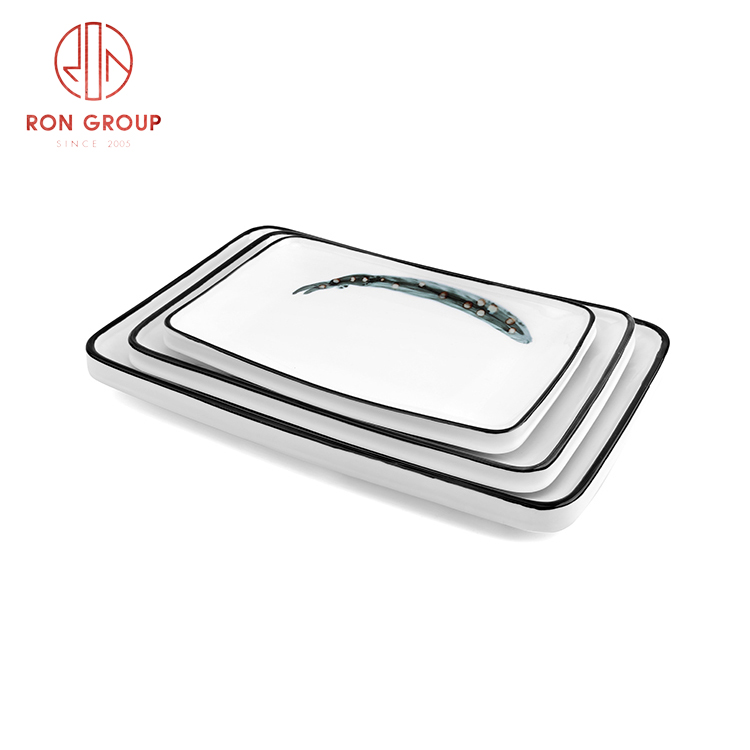 Cheap price and high quality rectangle plate fine dining porcelain ink painting tableware set