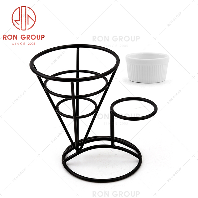 Exquisite popular fast food restaurant matte black stainl steel single cup conical frame with sauce bowl
