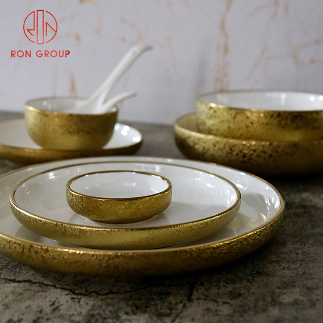 Manufacturer European Ceramic electroplated Phnom Penh matt white steak dessert plate salad bowl