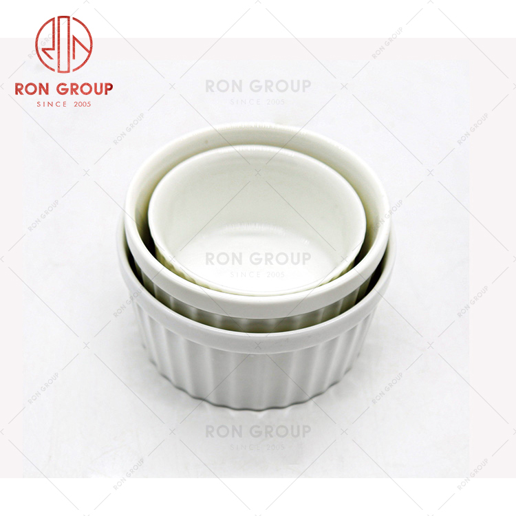 Exquisite restaurant tableware hotel stripe flat bottom straight tube round plate ceramic ramekin