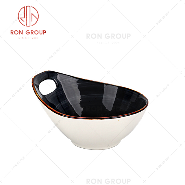Black dishes colored porcelain serving dinnerware hot sale restaurant used wholesale single hole handle ceramic bowl 