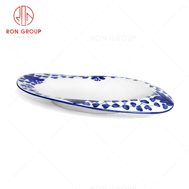 RonGroup New Color Rattan Flower Chip Proof Porcelain  Collection - Ceramic Dinnerware Odd Egg Shape  Plate 