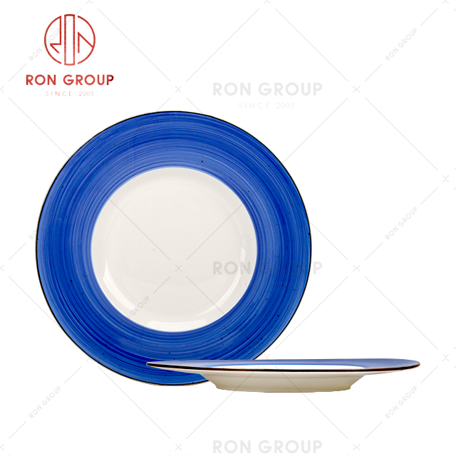 Blue Color Porcelain Hotel Restaurant Serving Round Ceramic Dinner Flat Plate 