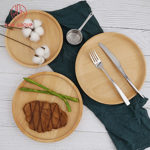 High quality round wooden plate beautiful design round serving tray restaurant simple dining plate