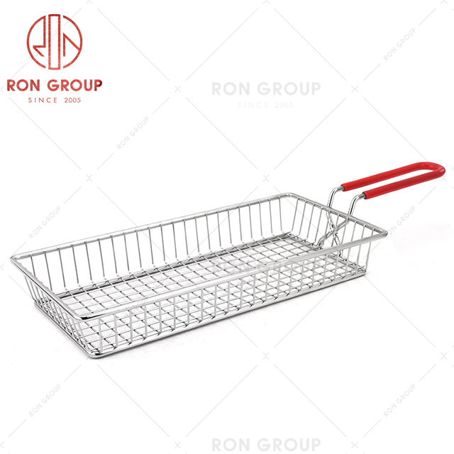 Anti scalding stainless steel fast food restaurant utensils plastic handle square rectangle snack fry basket