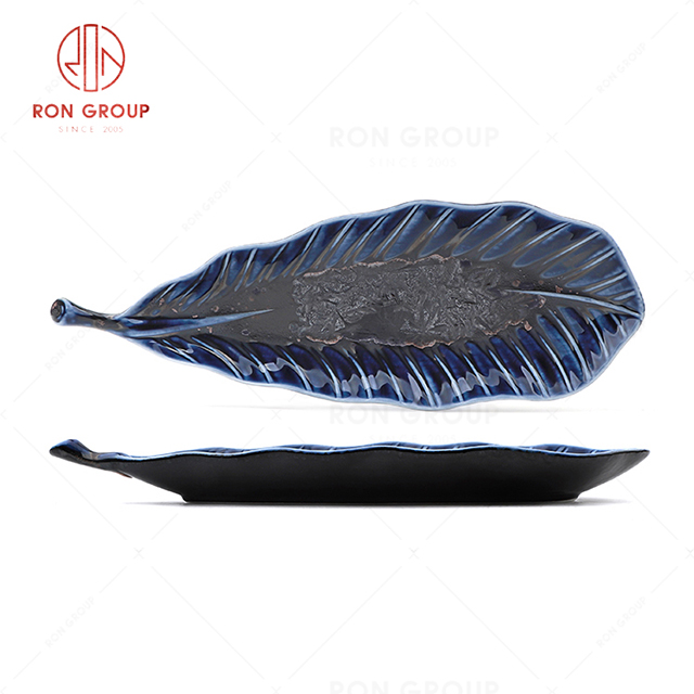RN0660P00392 Hot Sale  Unique Design Blue Agate Series Ceramic  Banana Leaf Plate
