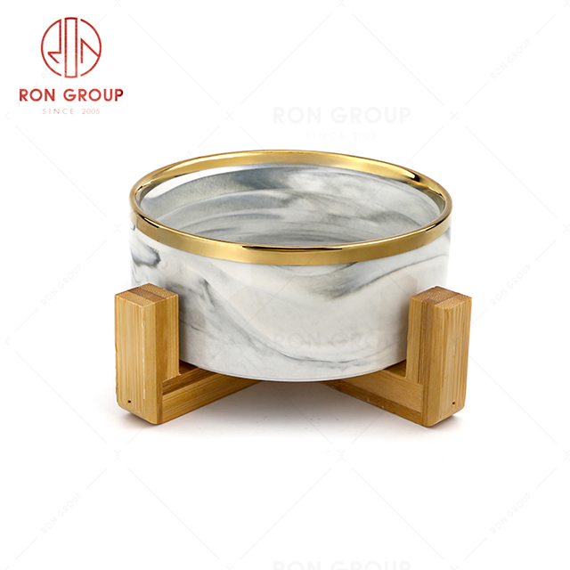 Removable restaurant creative tableware hotel marble salad deep bowl with wooden frame