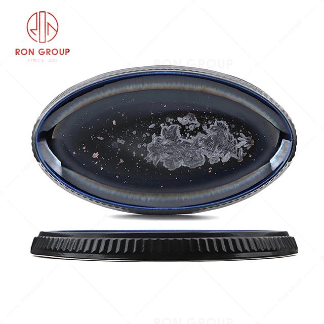 RN0660P00292  Wholesale High Quality Blue Agate Series Ceramic Egg-shape Plate