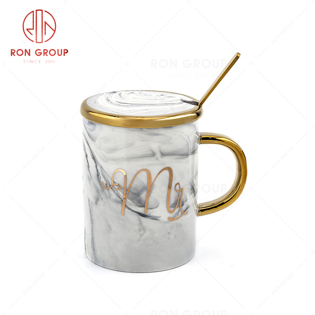 Dustproof creative restaurant tableware hotel event commemorative gift custom marble mug with lid spoon