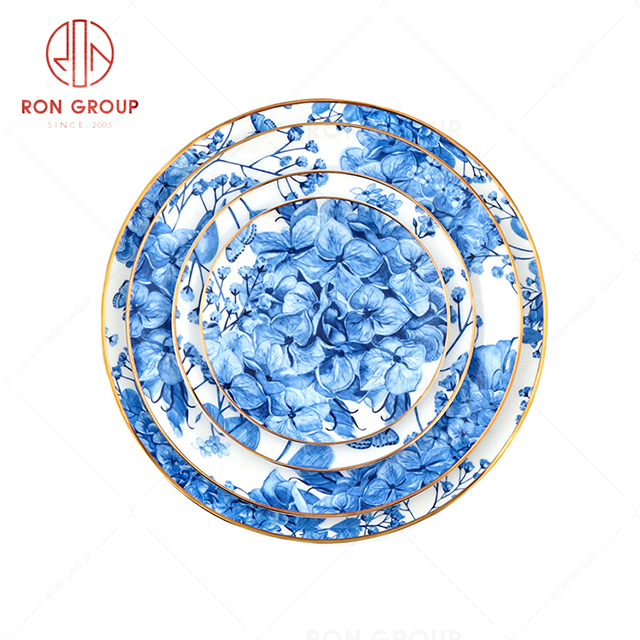 Blue bouquet design high quality bone china restaurant tableware hotel wedding party plate